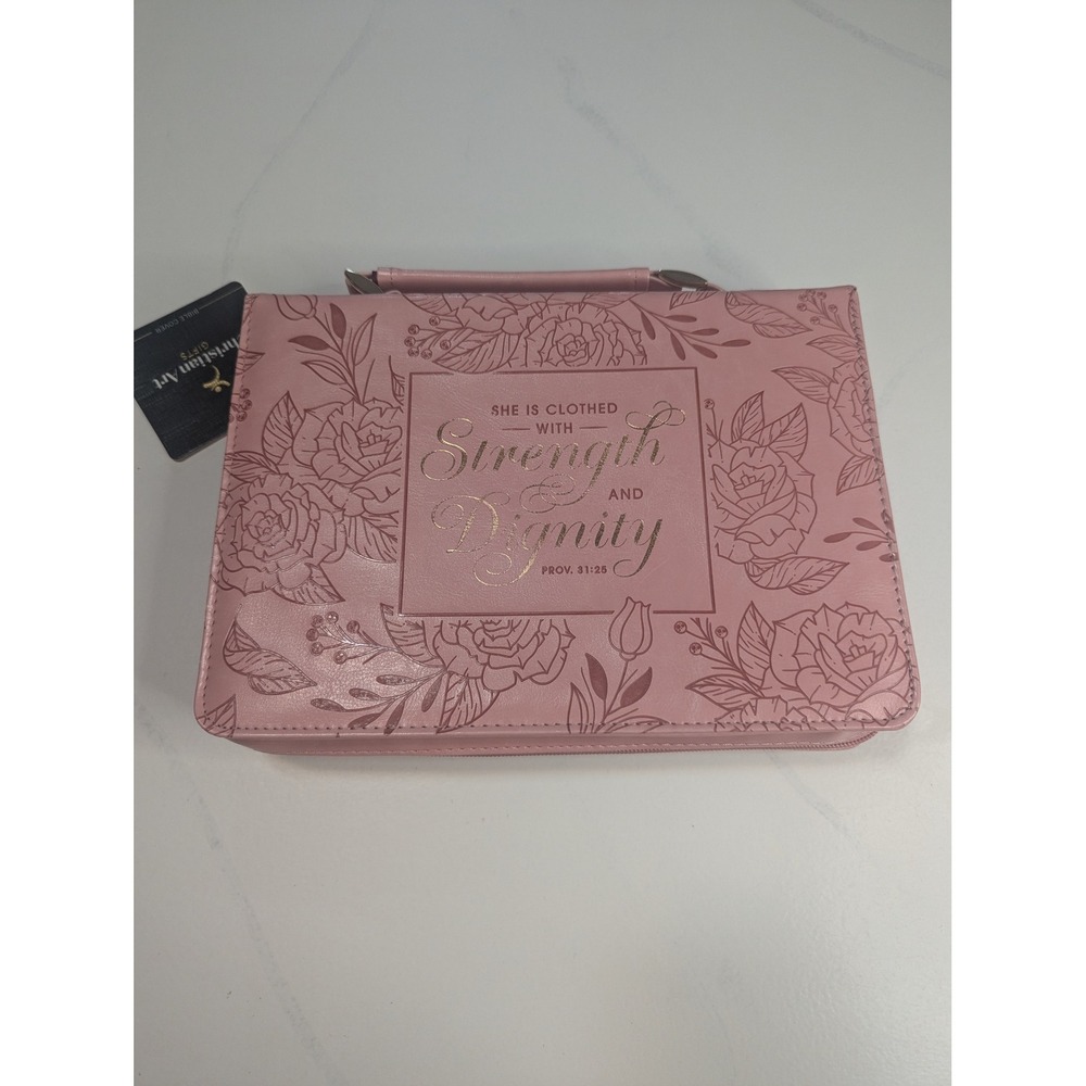 Christian Art Gifts Pink Faux Leather Bible Cover Proverbs 31:25 Floral Large